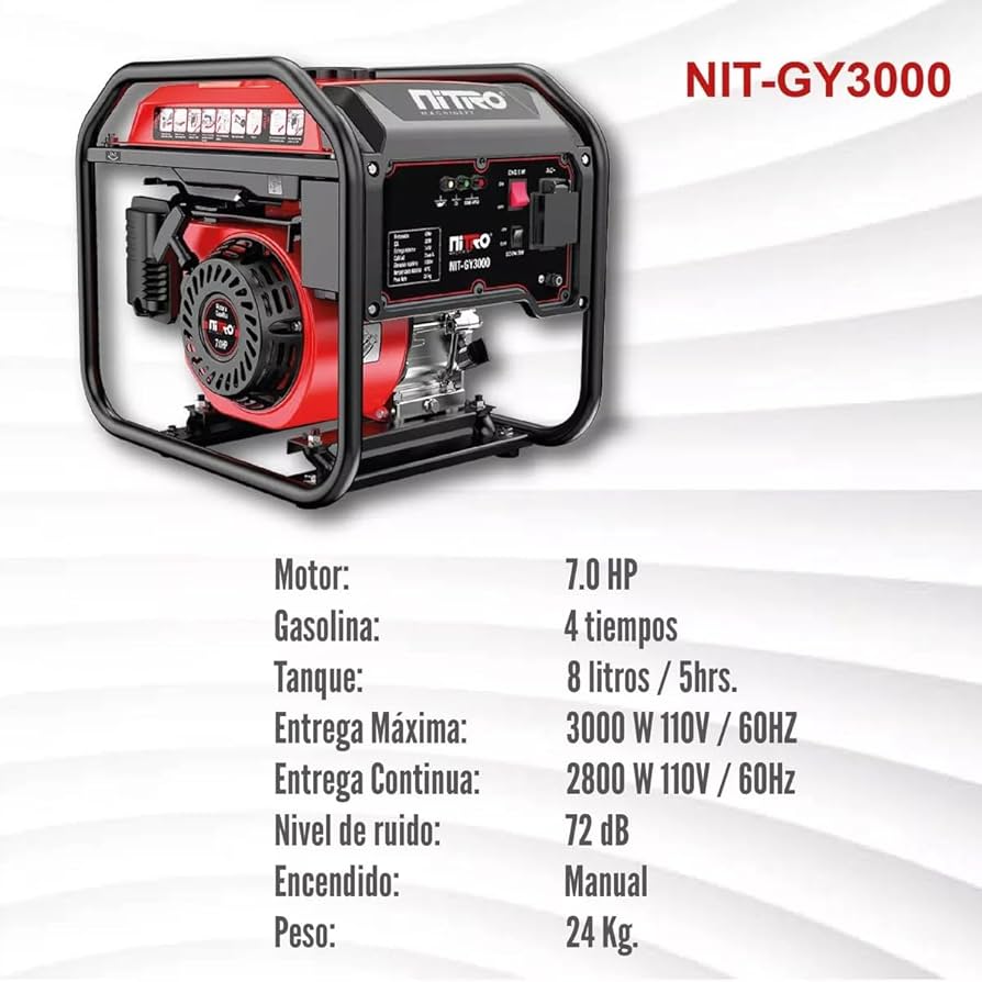 GENERADOR ELECTRICO GASOLINA INVERTER 3000W 7HP 110V # NIT-GY3000 NITRO