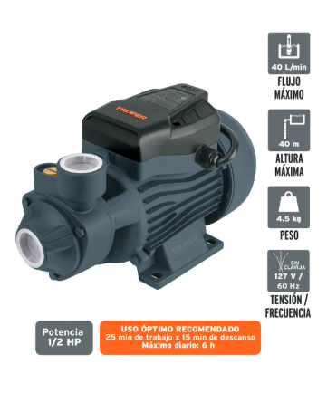 Bomba Eléctrica Periférica Para Agua Truper 1/2 Hp Periférica 127 V 60 Hz Boap-1/2a2 Color Negro