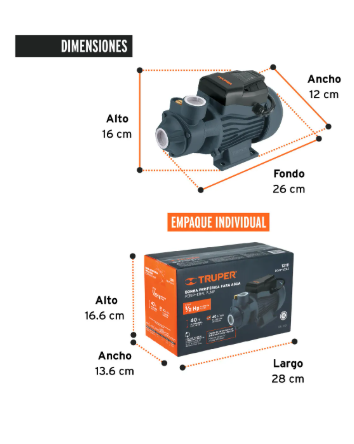 Bomba Eléctrica Periférica Para Agua Truper 1/2 Hp Periférica 127 V 60 Hz Boap-1/2a2 Color Negro