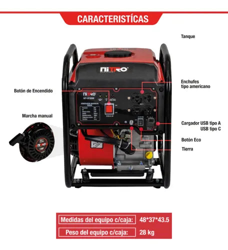 GENERADOR ELECTRICO GASOLINA INVERTER 3000W 7HP 110V # NIT-GY3000 NITRO