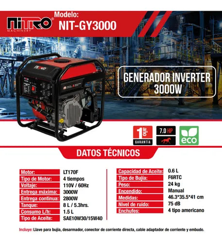 GENERADOR ELECTRICO GASOLINA INVERTER 3000W 7HP 110V # NIT-GY3000 NITRO
