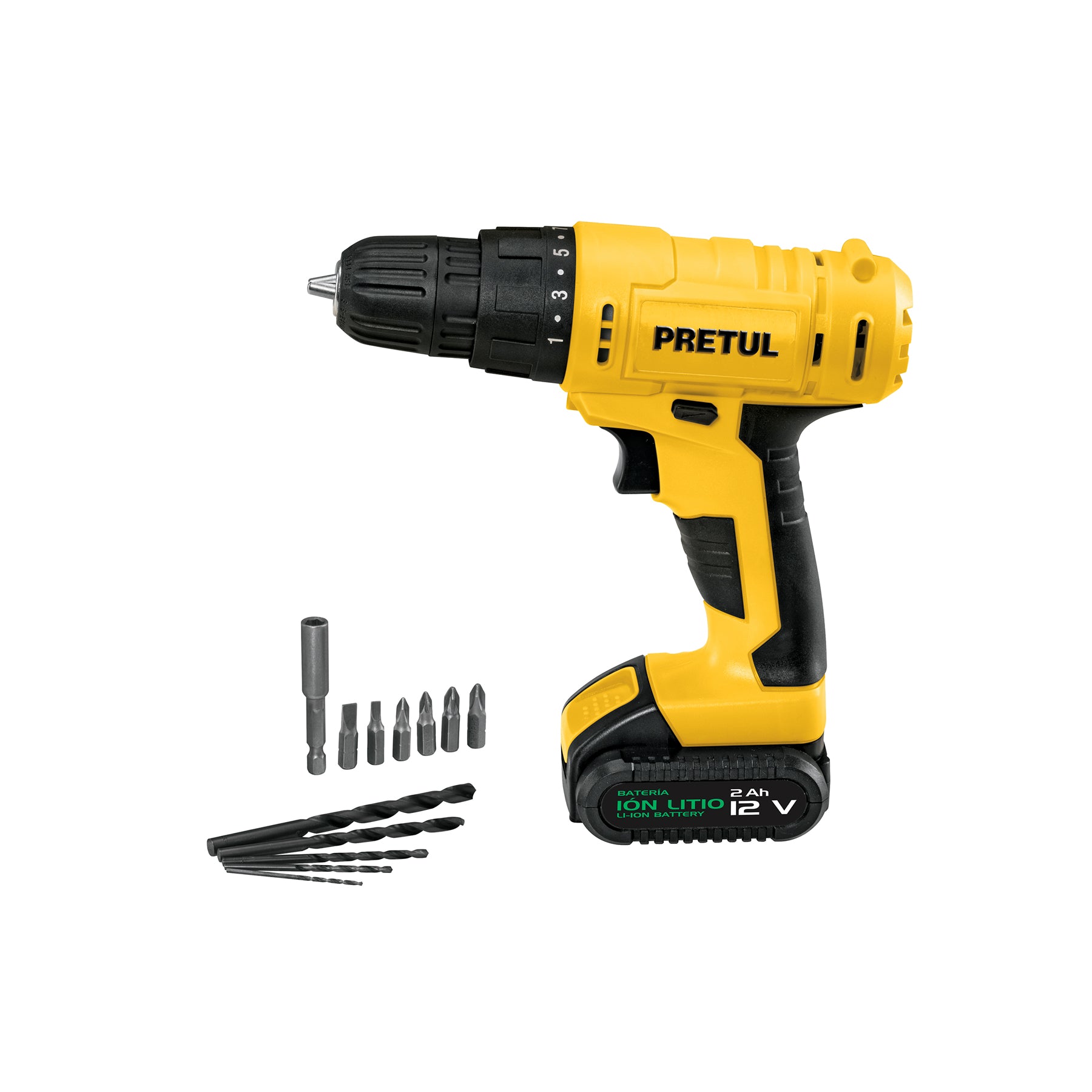 Taladro/destornillador 3/8", 12V, 1 batería 2Ah, PRETUL