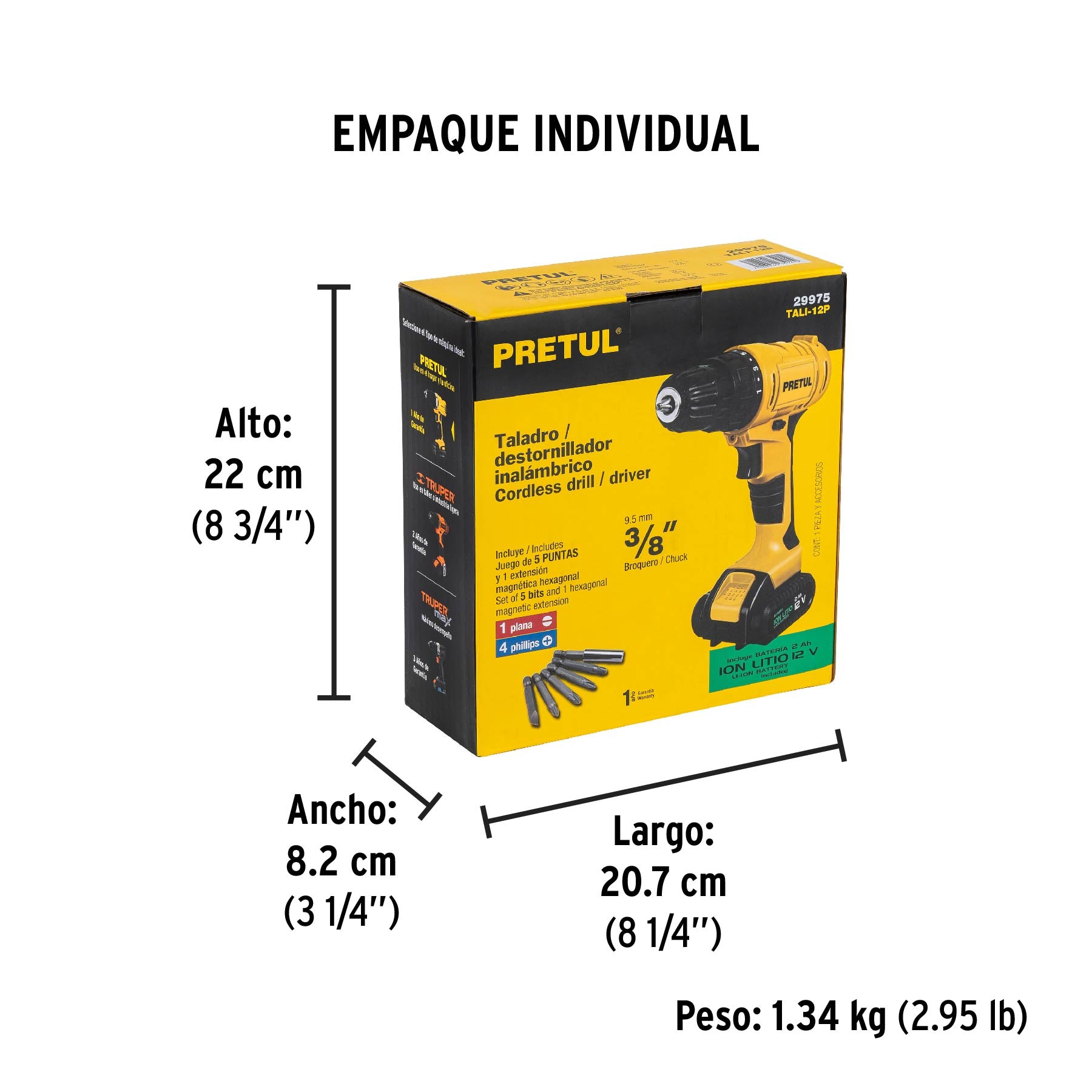 Taladro/destornillador 3/8", 12V, 1 batería 2Ah, PRETUL