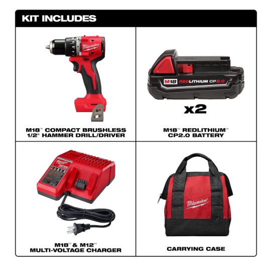 KIT TALADRO PERCUTOR / ATORNILLADOR 1/2 M18 CON 2 BAT Y CARGADOR # 3602-22CT MILWUAKEE